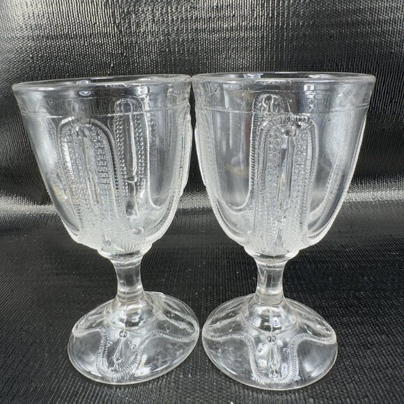 1880s EAPG Adams Glass Curtain Tie Back Goblets Set 2 Manganese 365nm UV Glow - Picture 2 of 16